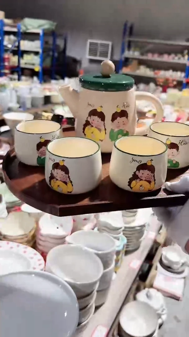 碗女孩男孩茶壶5件套微瑕不带托盘
