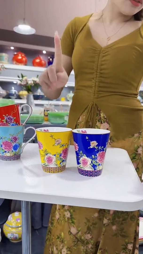 瓷片牡丹花卉杯子2只装景德镇陶瓷