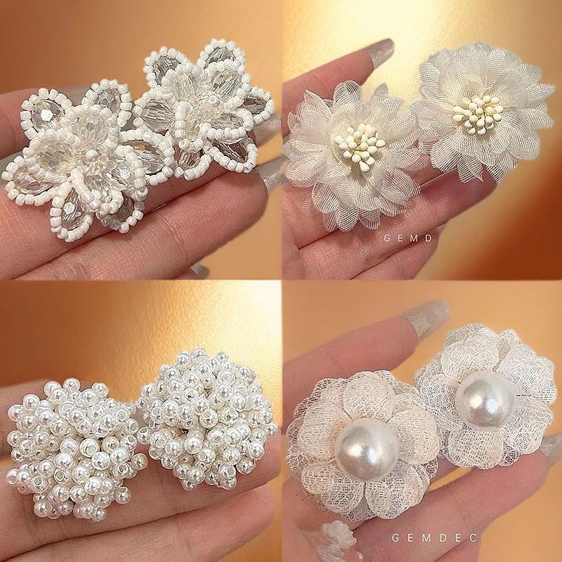 铁合金耳饰 甜美时尚白色雪纺网纱花朵耳钉女百搭耳环清新韩版