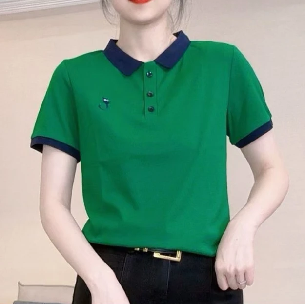 妈妈夏装新款翻领宽松显瘦打底小衫女士洋气百搭休闲短袖T恤