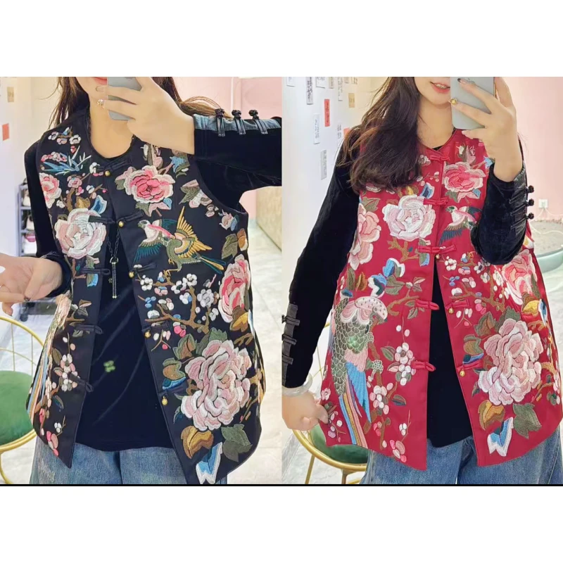 新中式国风新款牡丹飞鸟马甲通体满绣国风马甲