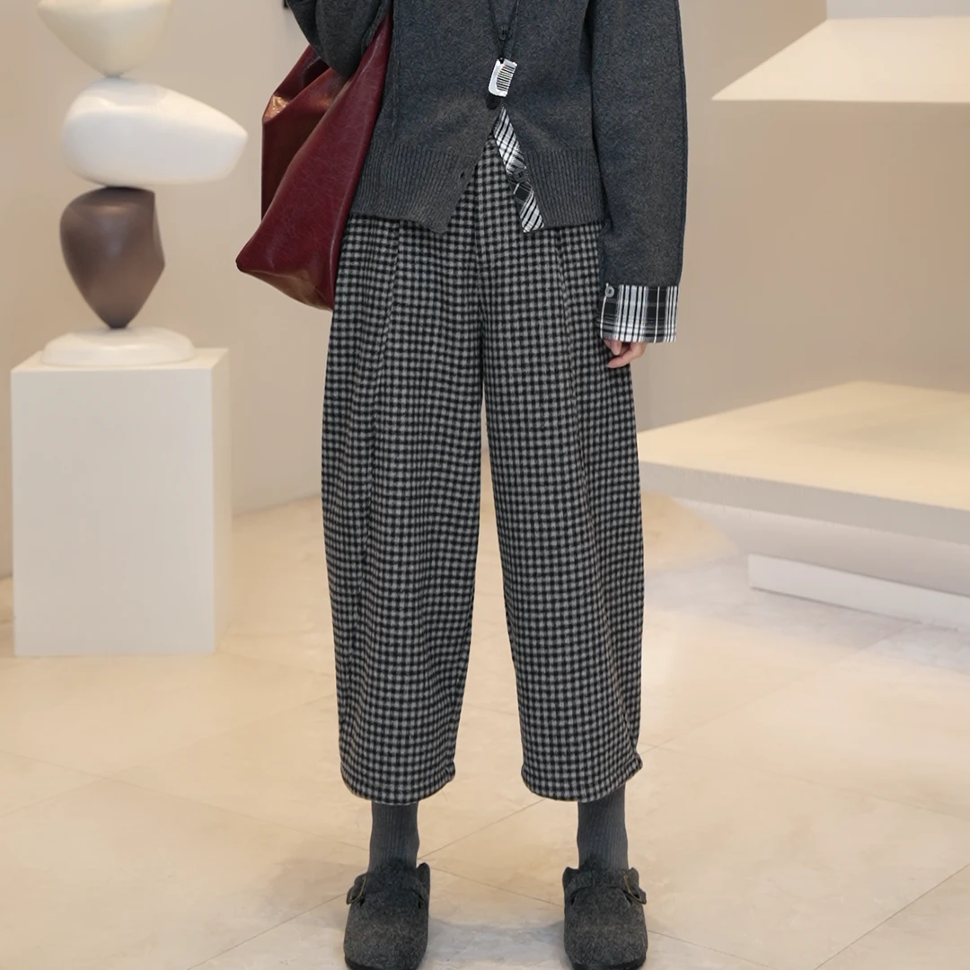 【YUE YUE】加绒格子阔腿九分裤冬季新款高腰显腿长2024款W950