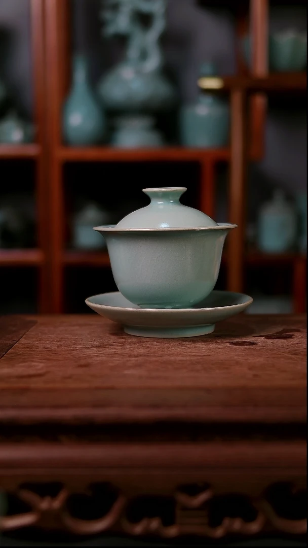 盖碗陶青霁汝窑仿古釉  微瑕