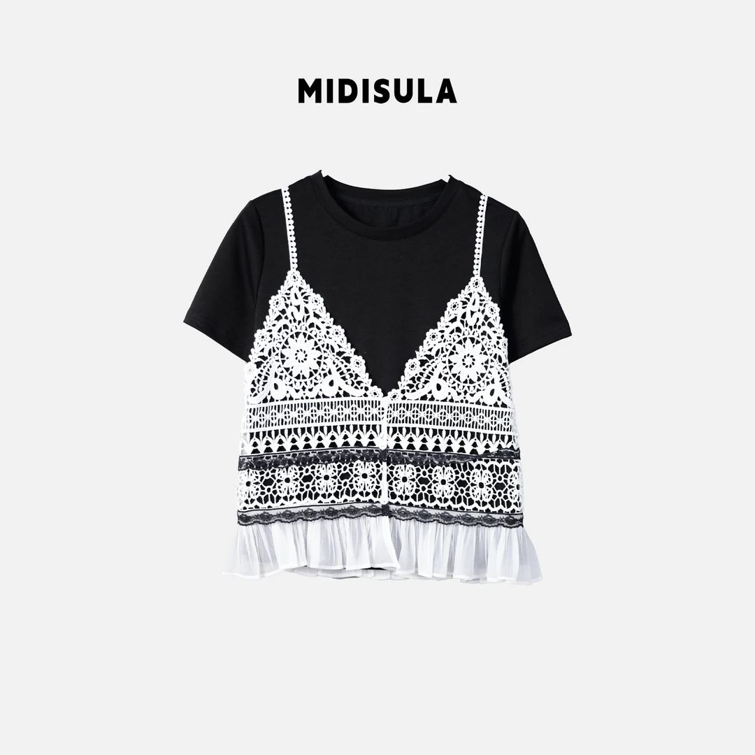 阿玉家&新款两件套小清新蕾丝花边洋气轻奢T恤短袖假两件#0472