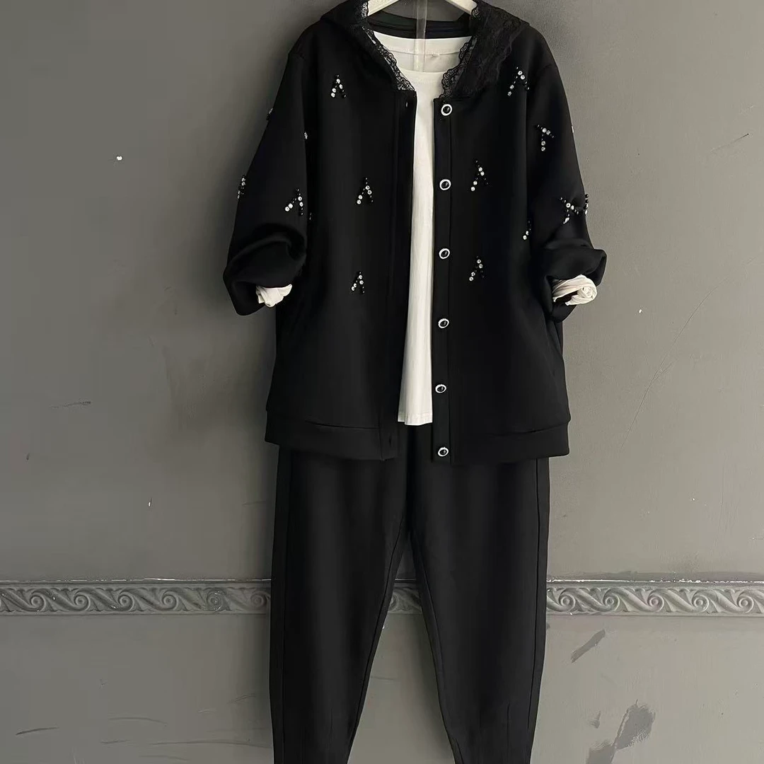 免烫长袖厚款单排扣女秋季短外套外套开衫ins黑色三件套春秋秋冬