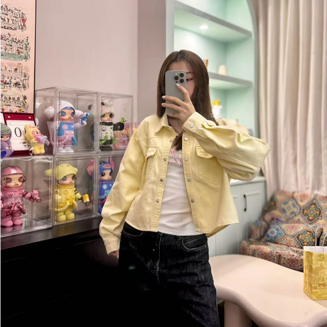 减龄百搭单排扣翻领长袖牛仔外套#6839