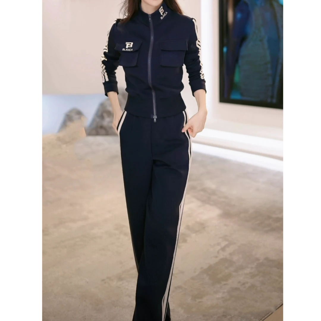 气质一整套ootd穿搭2025秋季港风立领条纹修身外套+长裤两件套装