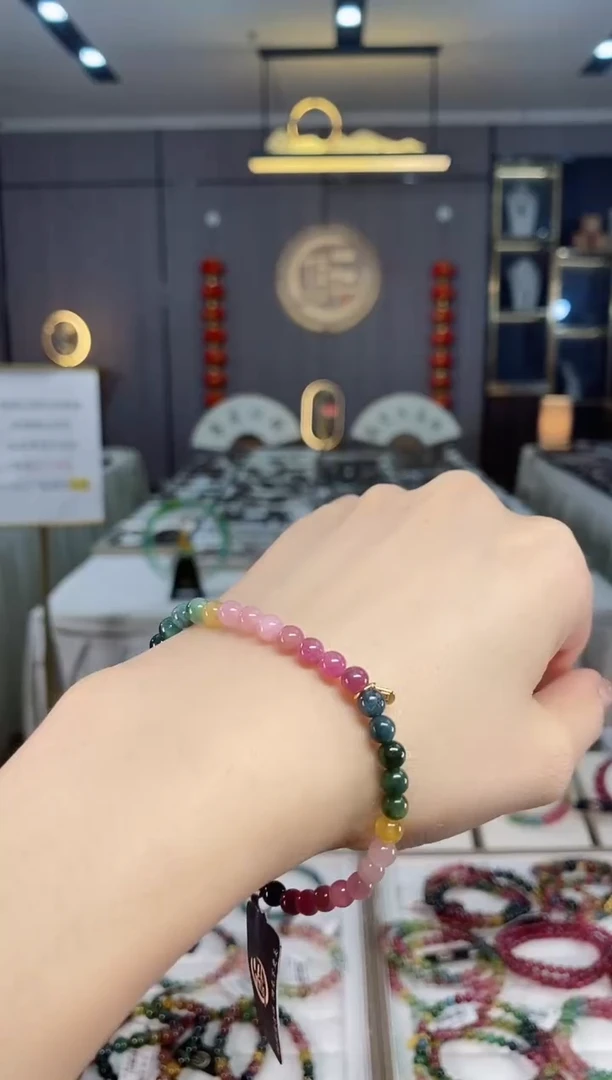 未镶嵌老矿碧玺色标彩虹单圈手串4mm+碧玺dan多样性发货一条