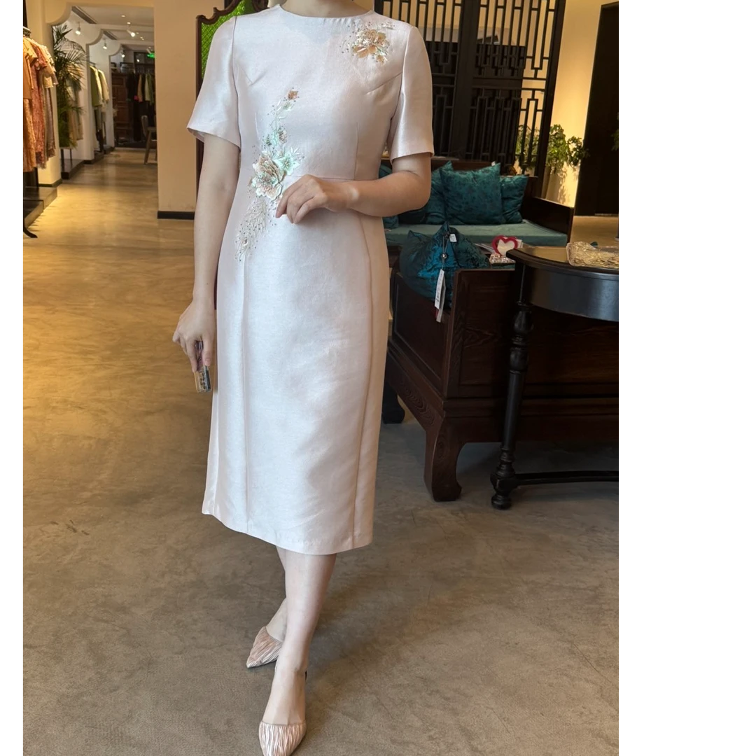 凤禧2025年春夏新款香槟金色圆领旗袍裙