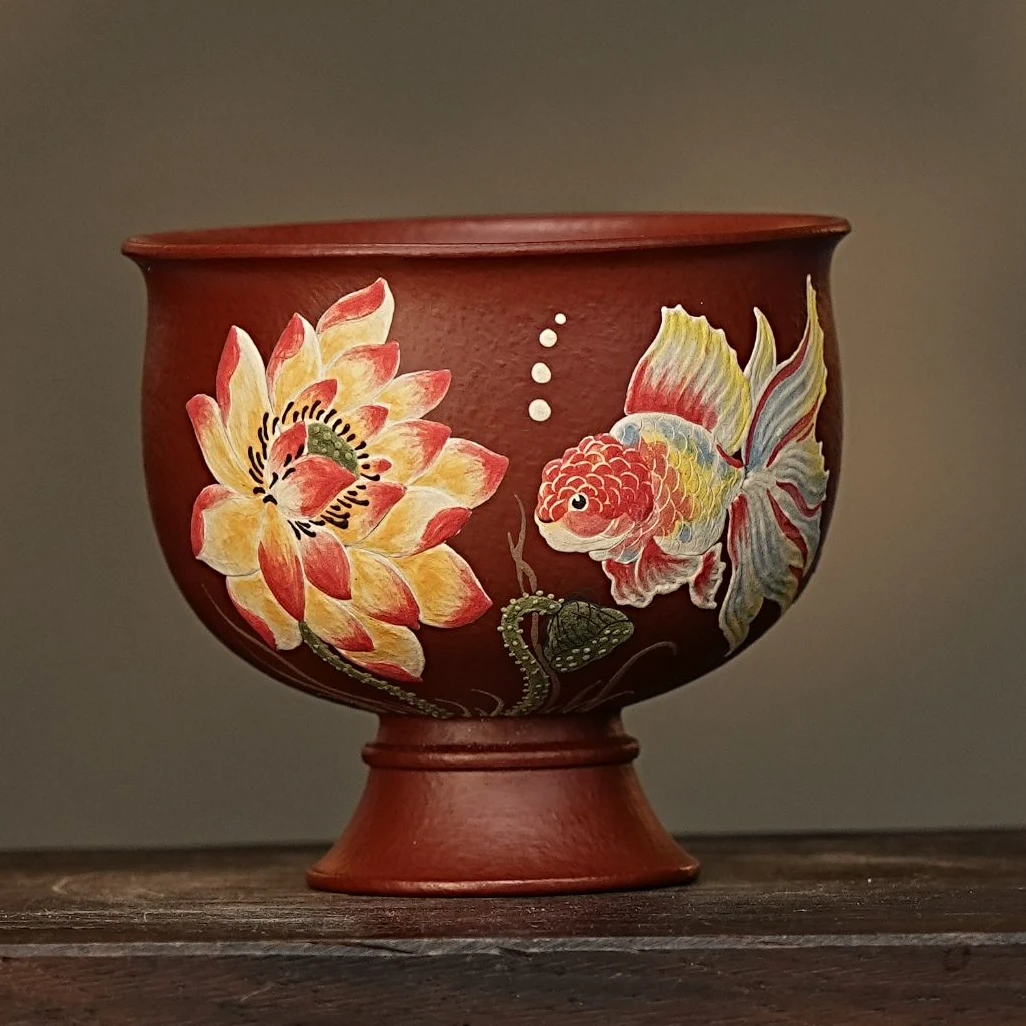 【2673金玉满堂杯】宜兴原矿紫砂手工制作金鱼荷花主人杯 高脚杯