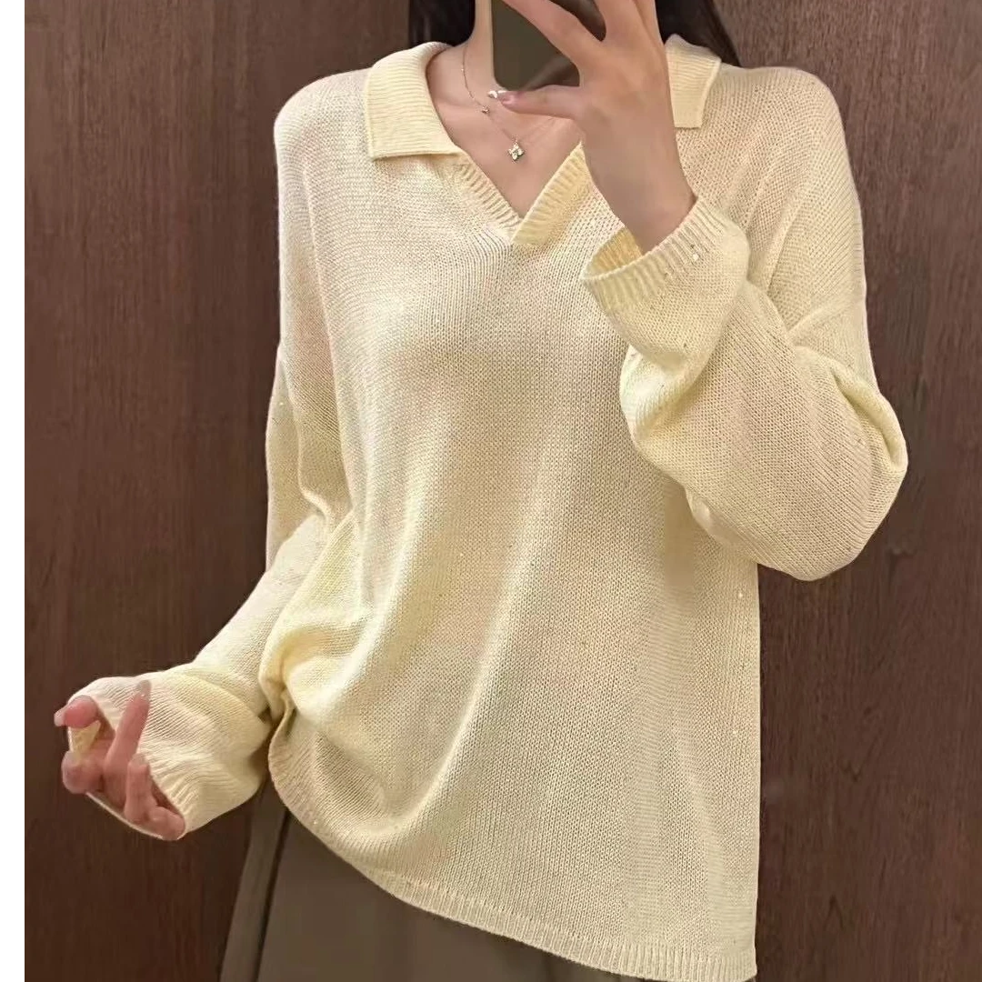 9139千炫家新款百搭Polo珠片纯色开衫显瘦上衣