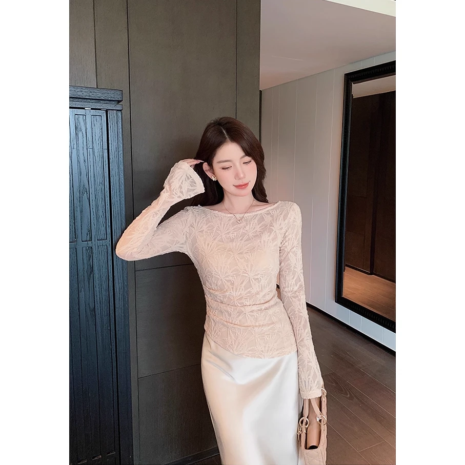 蕾丝肌理感长袖针织上衣+半身裙长裙两件套套装女秋冬00757+00158