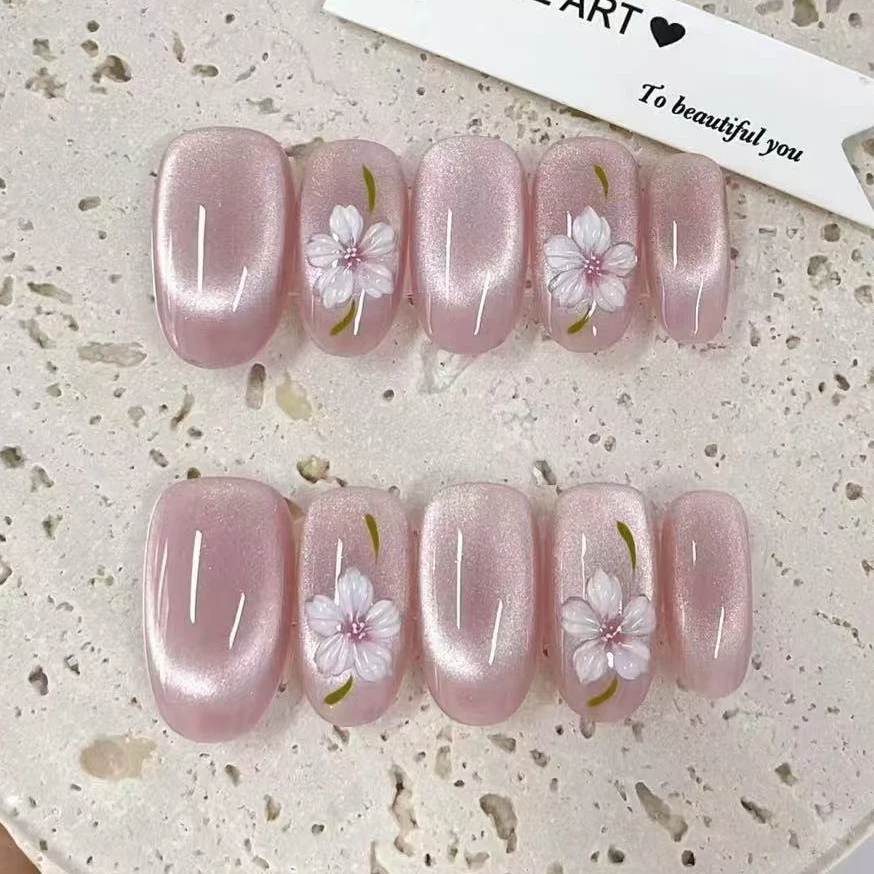 新款夏季气质显白立体花椭圆短款可拆卸美甲贴显白猫眼穿戴甲