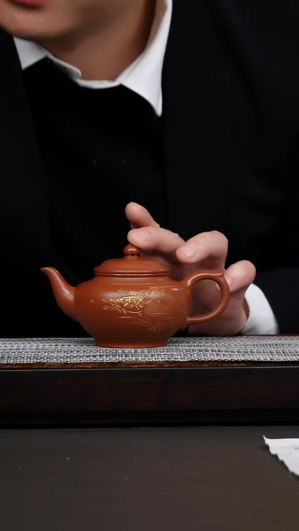 茶壶紫砂赵庄鹅黄朱泥刻绘笑樱