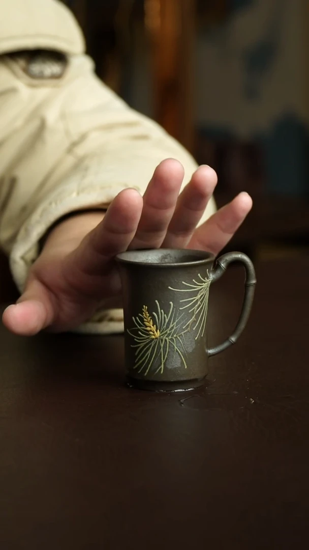 茶杯紫砂8号 柴烧松枝把杯 特惠宜兴紫砂原矿作品