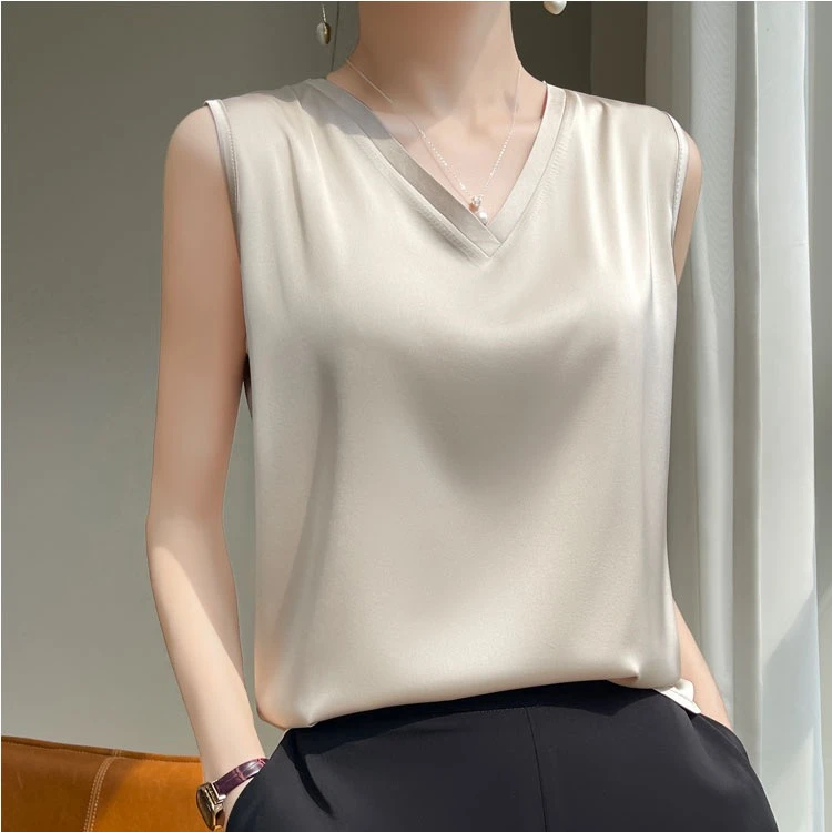 100%桑蚕丝无袖V领背心女士丝滑软糯打底T恤