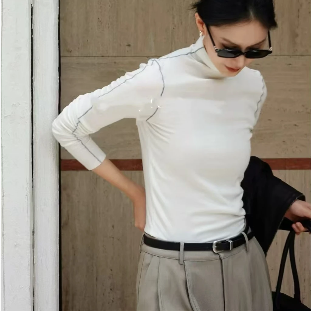 2034番外冬季新款半高领肩部撞色明线内搭修身加绒长袖T恤女