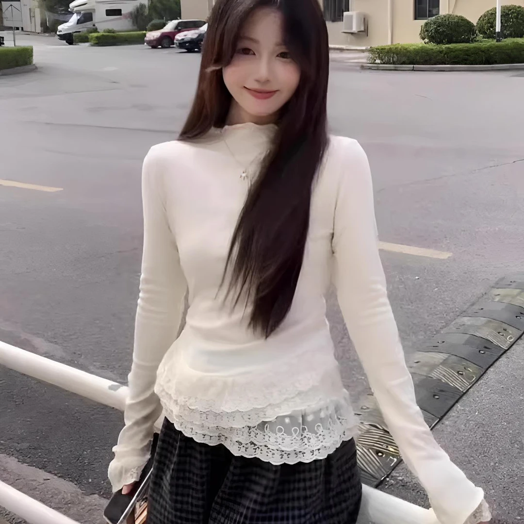 法式纯欲蕾丝边拼接德绒上衣女秋冬修身显瘦打底衫T恤半高领百搭