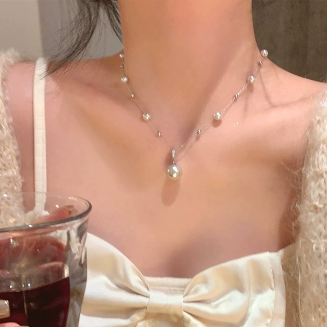 铜合金仿珍珠项链 玫瑰法式轻奢满天星珍珠项链高级感锁骨链配饰