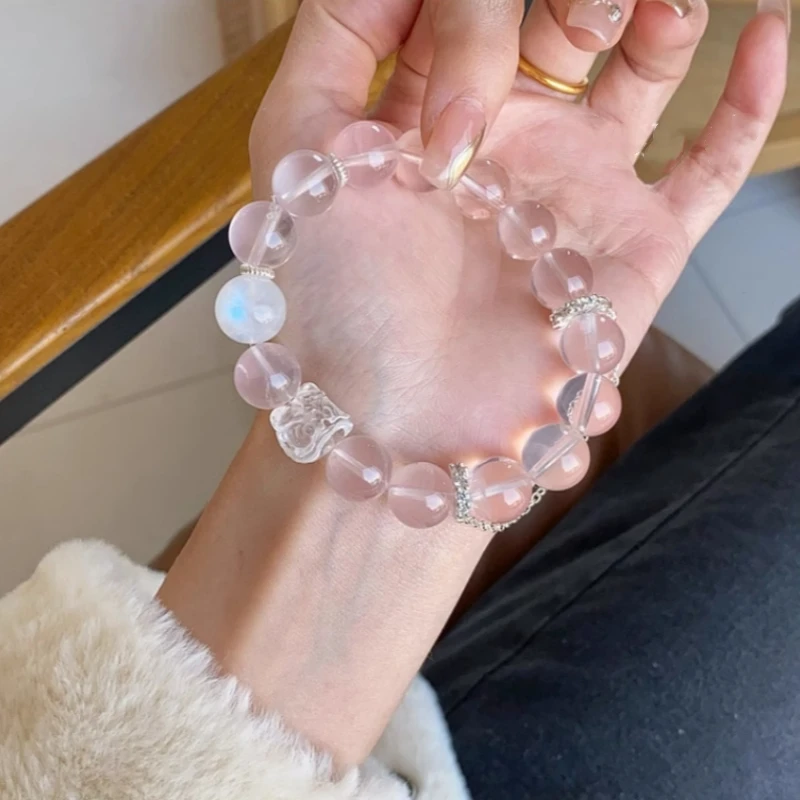 天然粉水晶粉雪花幽灵多宝白水晶醒狮粉嫩少女心手串多样性发一