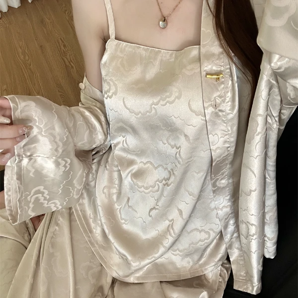 【DSYJ大睡衣家】甜美复古国风长袖睡衣女早秋吊带长裤家居服三件套