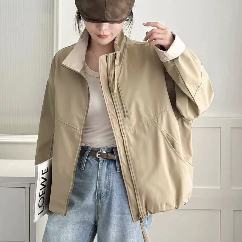 韩版双拉链立领冲锋衣外套女2025春秋季新款宽松休闲百搭短款上衣