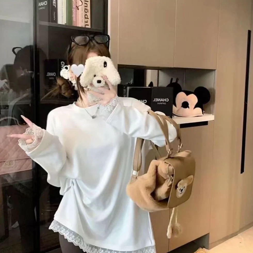 【金喜家】2025新款纯色休闲长袖圆领T桖百搭显瘦宽松蕾丝拼接T桖