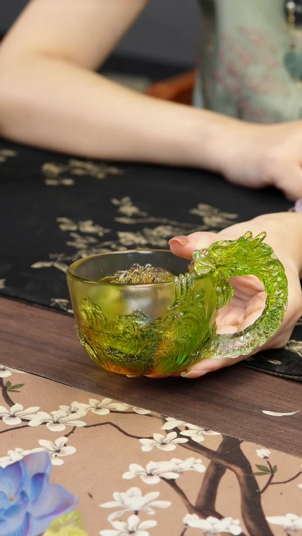 琉璃手工艺品绿色龙杯
