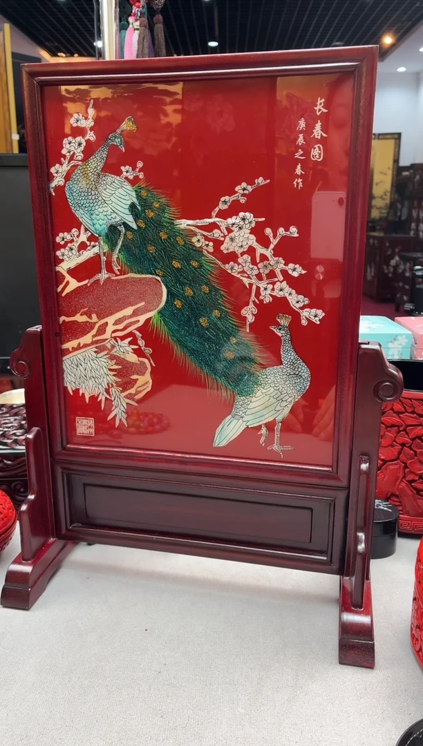 扬州漆器  长春图红底无边22方