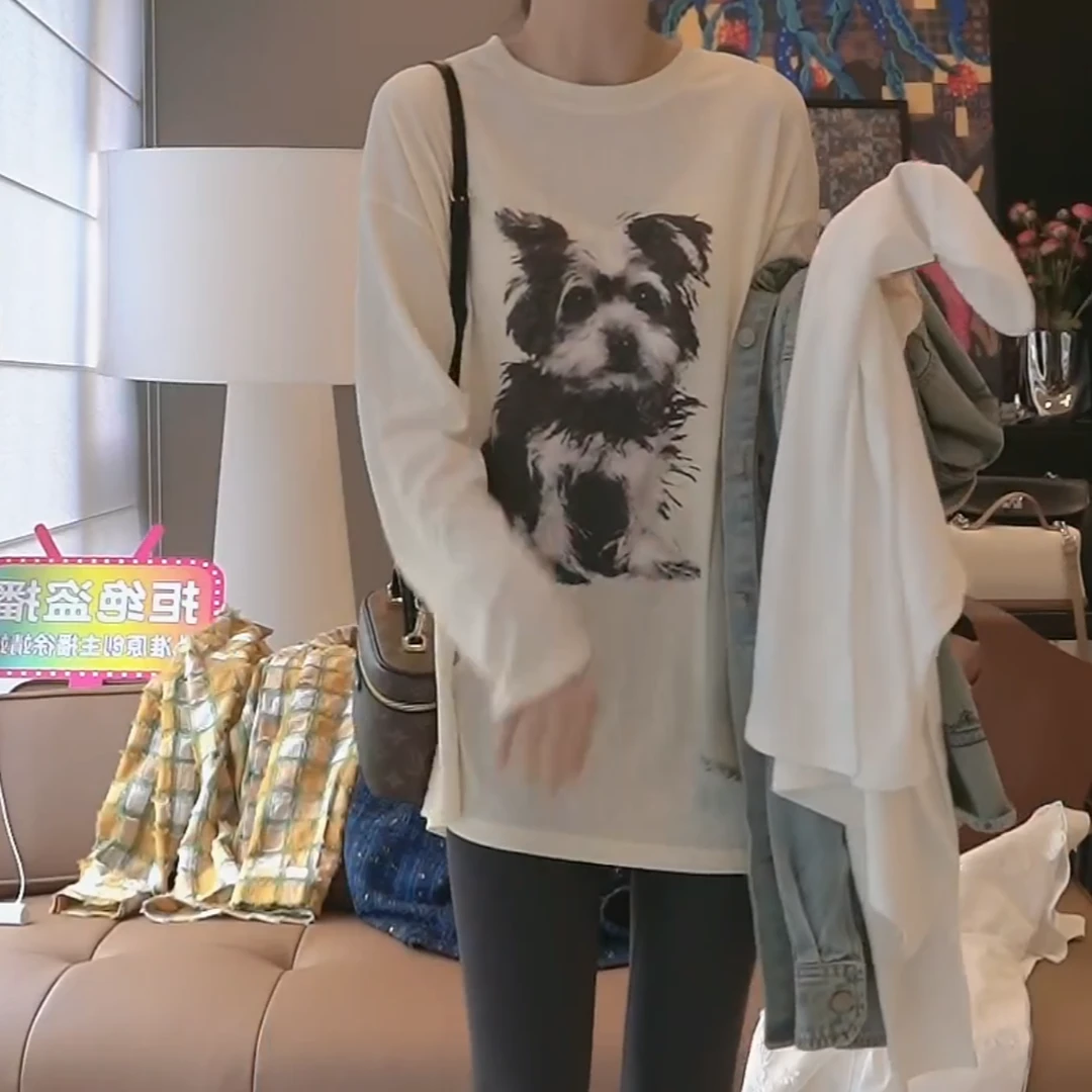 正肩显瘦长款时尚舒适洋气薄款长袖打底T恤2025春款小狗印花上衣