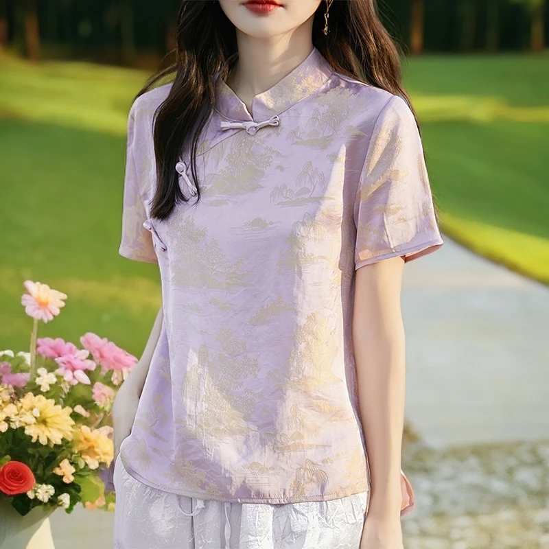 中国风粉色上衣短袖夏新中式旗袍衬衫女洋气减龄百搭老钱风女装