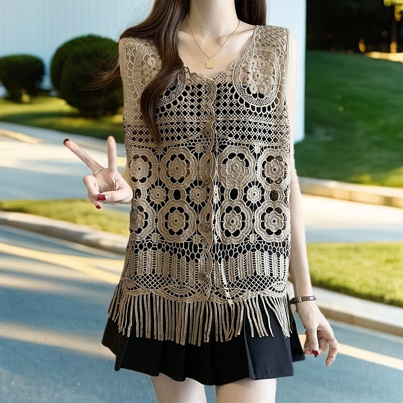 大码蕾丝镂空流苏刺绣花朵针织马甲女外穿显瘦叠穿背心气质夏季女