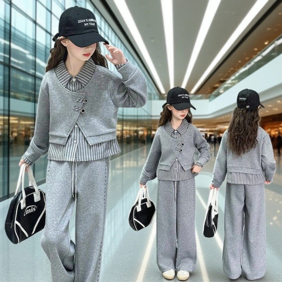 女童休闲套装秋季韩版潮款中大童2025新款儿童拼接条纹女孩假三件