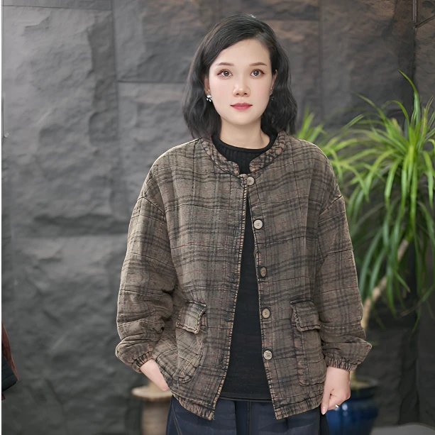 【棉袄】FF女常规保暖圆领短款棉服棉衣小香风格纹秋冬季上衣