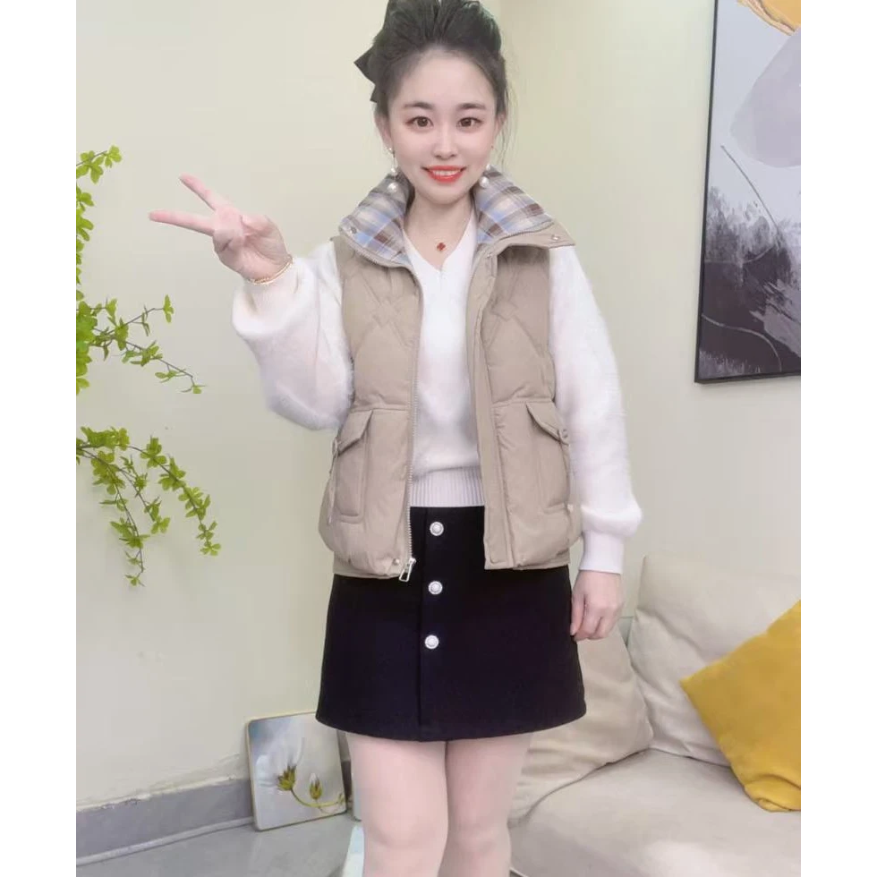 淑女日记  短款冬季网红立领休闲女格子马夹拼接保暖秋冬马甲 213