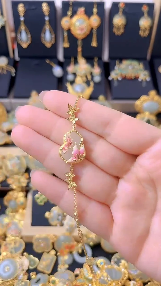 套链银S925镀金镶嵌和田玉葫芦莲花手链