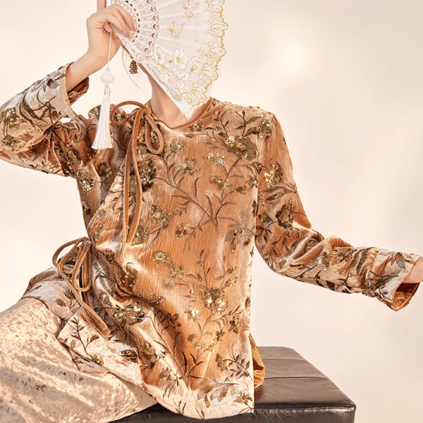 高端新款气质上衣国风新中式重工刺绣亮片绑带设计长袖外套 M9107