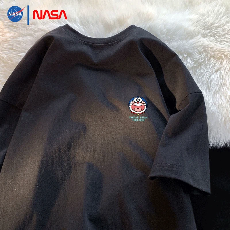 NASA100%纯棉港风哆啦A梦印花夏季短袖t恤男宽松百搭纯棉圆领上衣