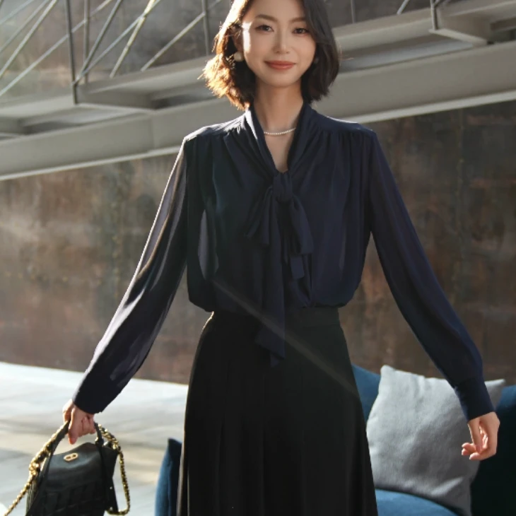 GIRDEAR/哥弟   雪纺交叉V领飘带长袖衬衫宽松显瘦薄款1300474