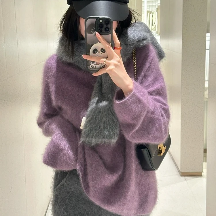 【多肉葡萄】温柔风韩系紫色套头毛衣女秋冬宽松慵懒针织外穿上衣