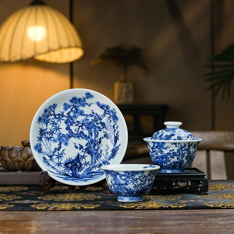 刘建锋窑松竹梅纹套组陶瓷中式茶具茶瓷喝茶品茗茶杯高档家用
