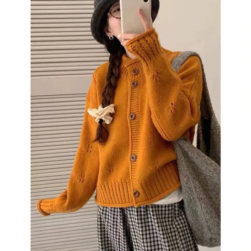 日系复古加厚钩花针织开衫女宽松卷边立领设计感短款软妹毛衣外套