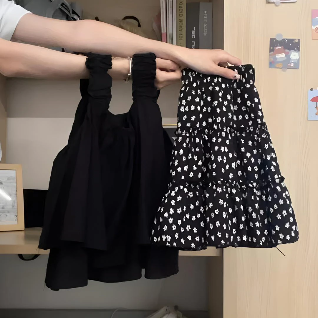 夏季新款甜美连衣裙无袖吊带上衣百搭显瘦碎花裙子A字短裙两件套