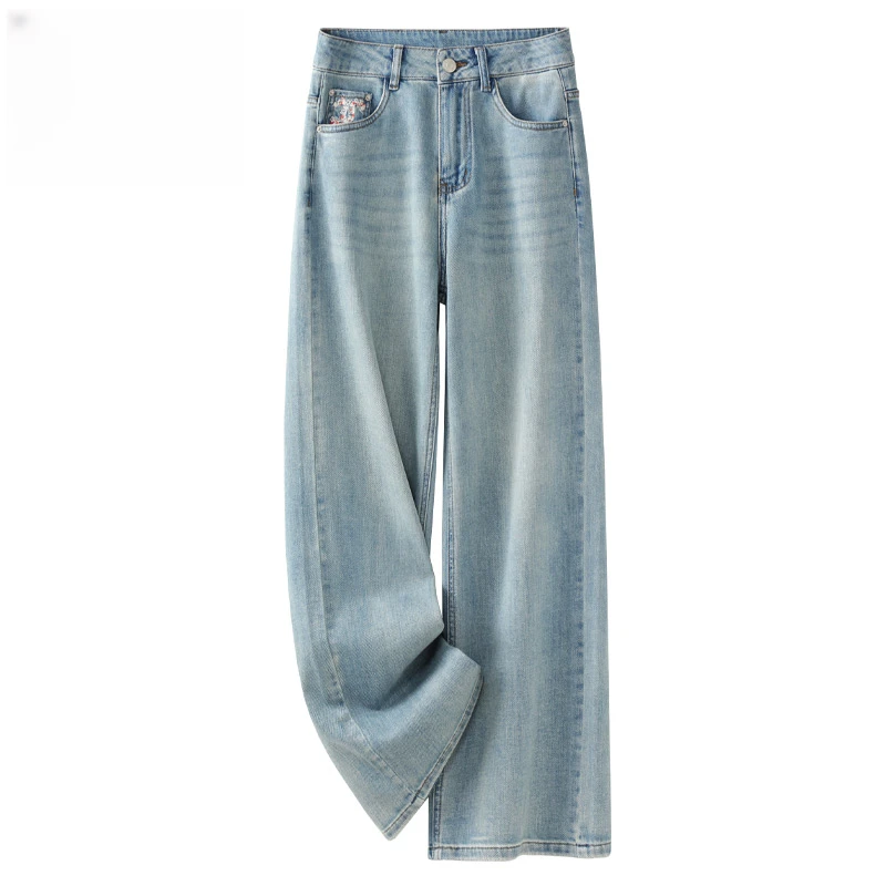 浅色阔腿牛仔裤女夏2025新款夏季薄款宽松慵懒松弛感高腰直筒裤子