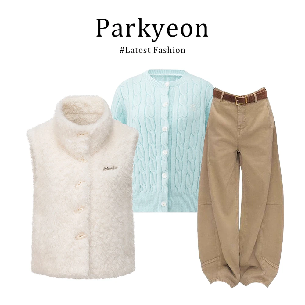 INS CEC法式百搭毛绒马甲背心内搭打底衫卡其色阔腿裤轻熟风套装