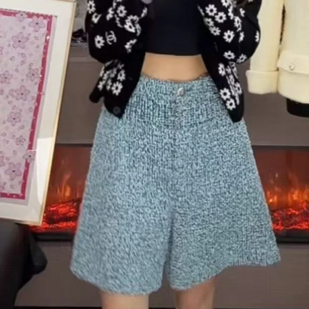 99新 Chanel/香奈儿 20P蓝绿双拼毛呢短裤38码 腰围70