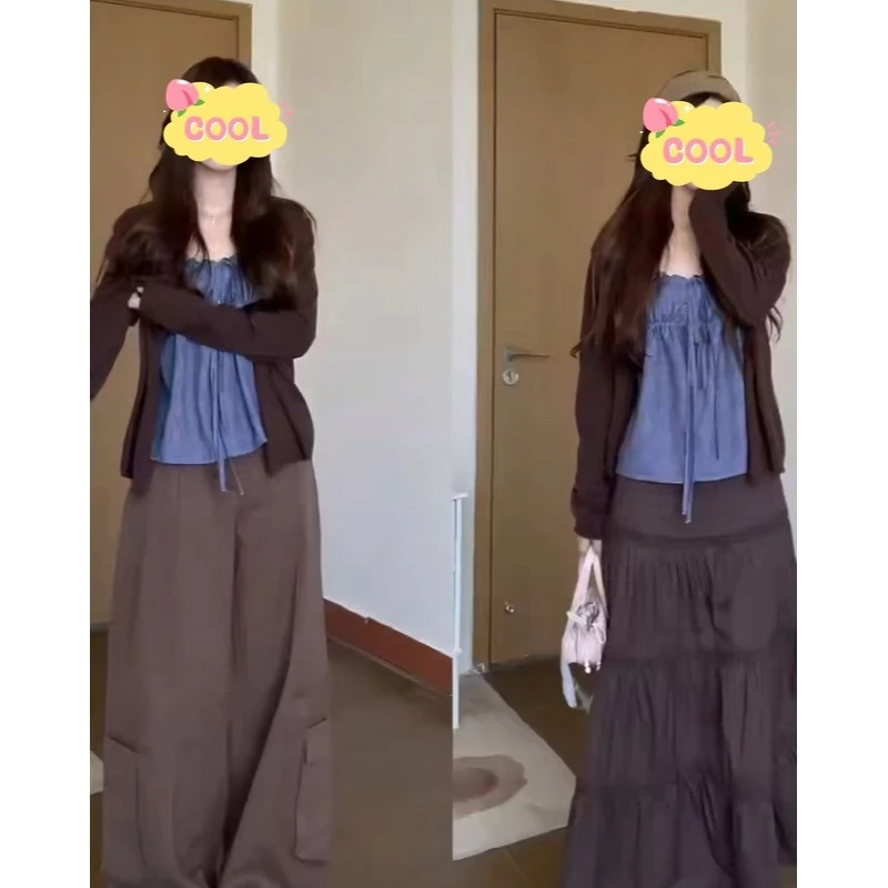 大码复古木耳边长袖开衫内搭背心高腰半身裙699505#阔腿裤699507#