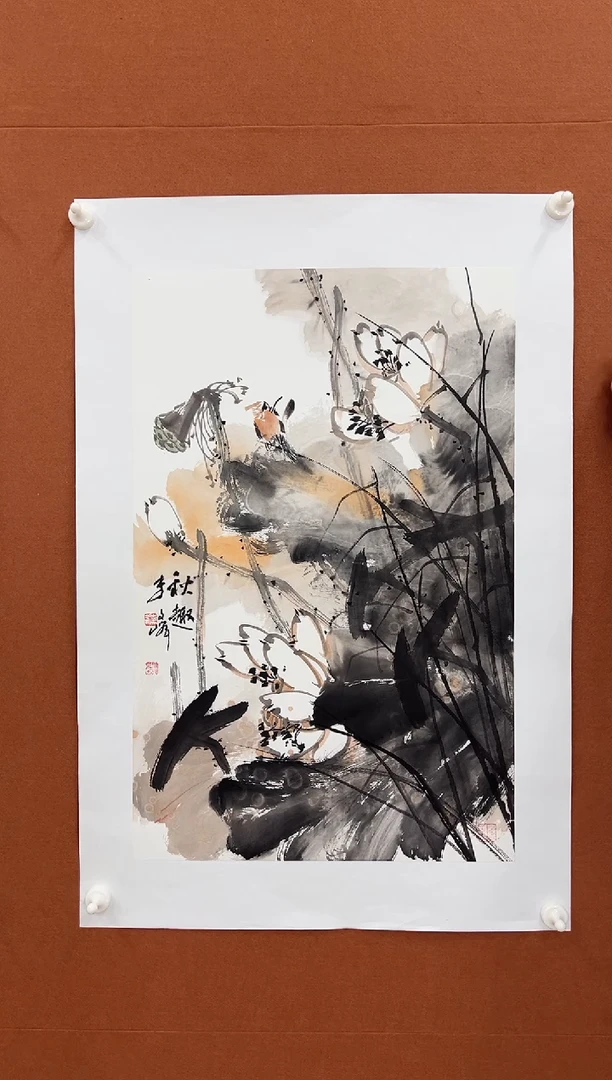 国画李文峰四尺三开泼彩荷花