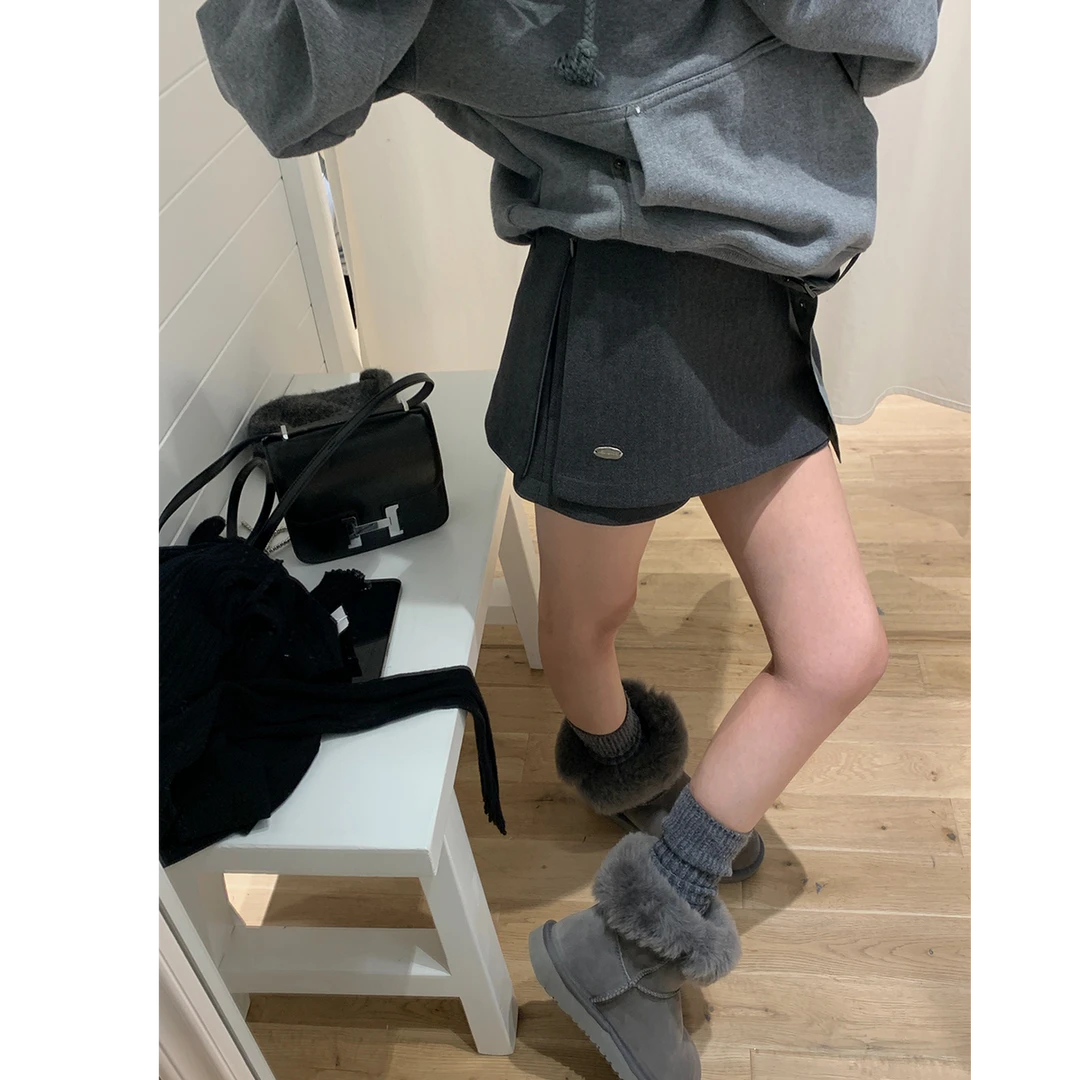 Not defined灰色假两件毛呢半身裙子女春季高腰显瘦百搭包臀裤裙