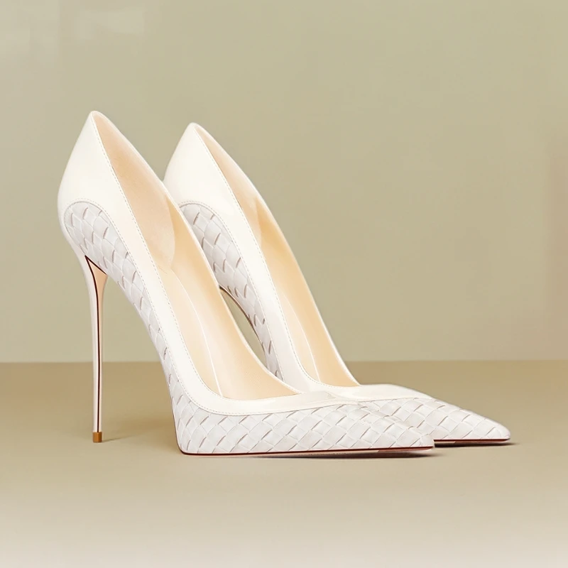 高跟鞋细跟甜美高贵名媛风优雅白色法式网格设计感绝美时髦尖头